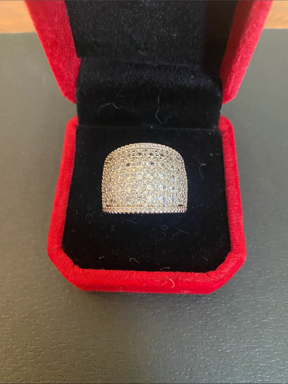 Silver Tone Wide Pavé Crystal Ring - Dazzling Silver Band size 7
